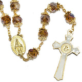 Rosary Beads Brown Crystal Beaded Gold Plated Necklace with Miraculous Medal - bluewhiteshop