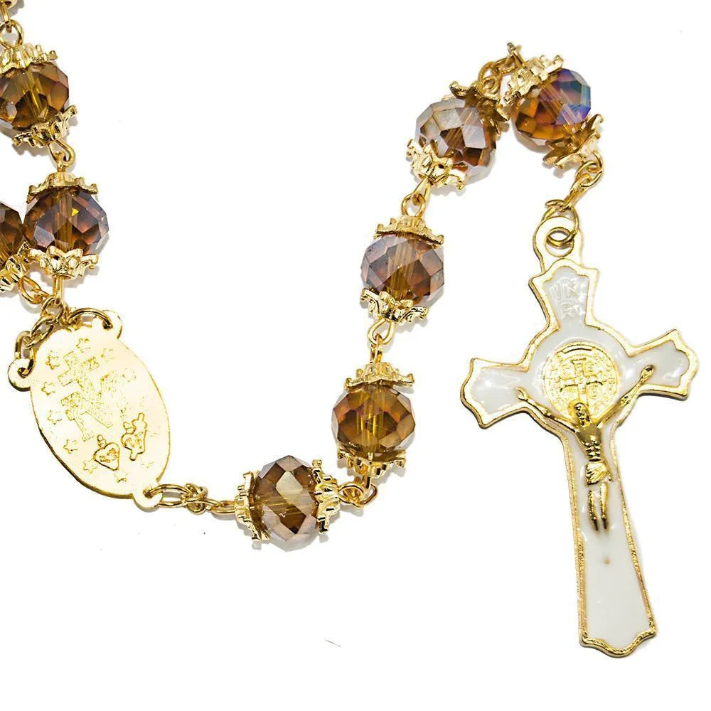 Rosary Beads Brown Crystal Beaded Gold Plated Necklace with Miraculous Medal - bluewhiteshop
