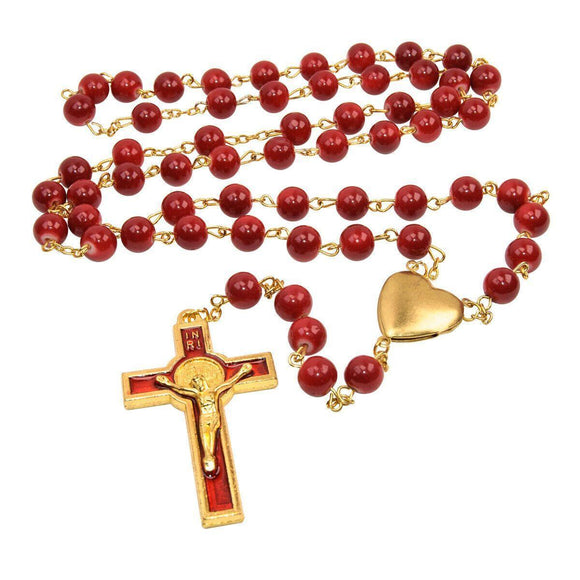 Rosary Beads Catholic Red & Gold Plated & Icon Locket 23