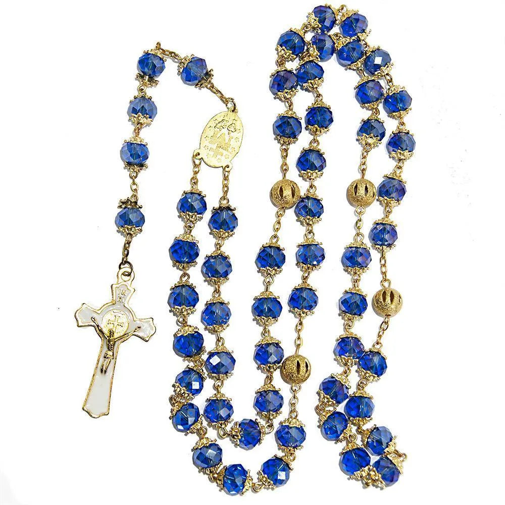 Rosary Beads Deep Blue Crystal Beaded Gold Plated Necklace with Miraculous Medal - bluewhiteshop