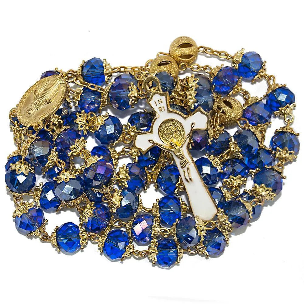 Rosary Beads Deep Blue Crystal Beaded Gold Plated Necklace with Miraculous Medal - bluewhiteshop
