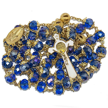 Rosary Beads Deep Blue Crystal Beaded Gold Plated Necklace with Miraculous Medal - bluewhiteshop