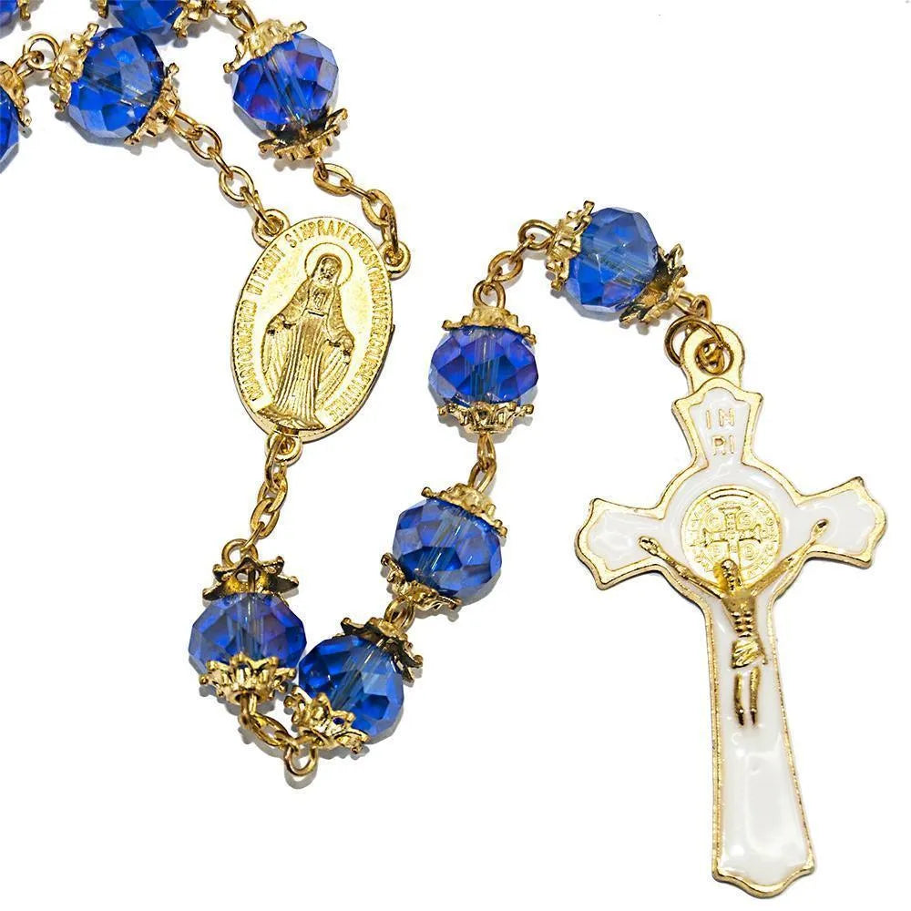 Rosary Beads Deep Blue Crystal Beaded Gold Plated Necklace with Miraculous Medal - bluewhiteshop