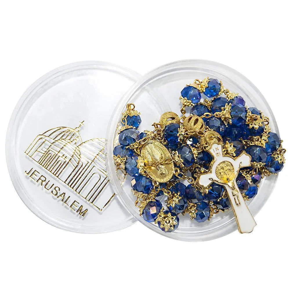 Rosary Beads Deep Blue Crystal Beaded Gold Plated Necklace with Miraculous Medal - bluewhiteshop