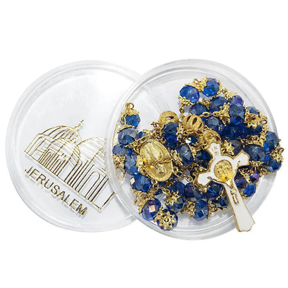 Rosary Beads Deep Blue Crystal Beaded Gold Plated Necklace with Miraculous Medal - bluewhiteshop