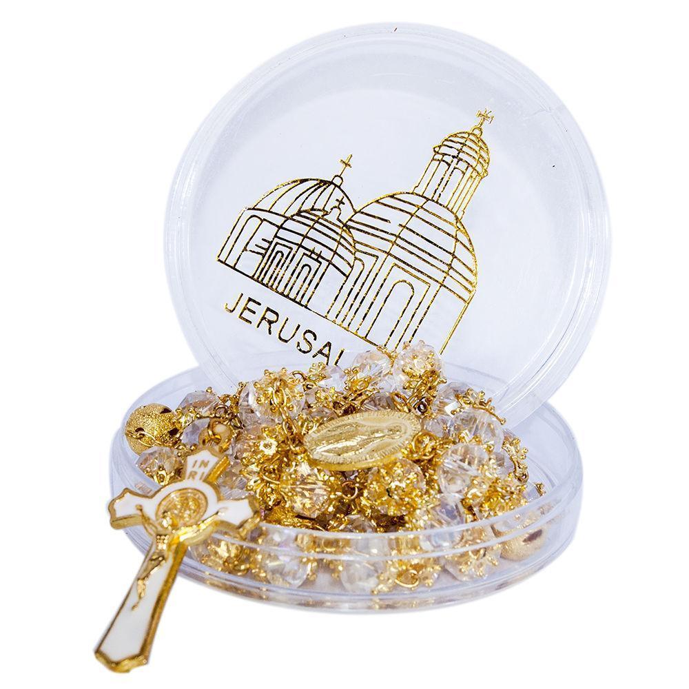 Rosary Beads White Crystal Beaded Gold Plated Necklace with Miraculous Medal - bluewhiteshop