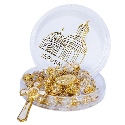 Rosary Beads White Crystal Beaded Gold Plated Necklace with Miraculous Medal - bluewhiteshop