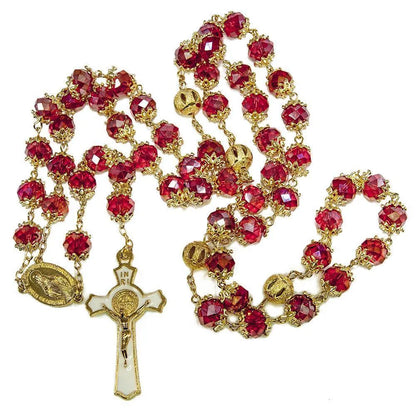 Rosary with Miraculous Medal | Beads Red Crystal Gold Plated Necklace - bluewhiteshop