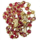 Rosary with Miraculous Medal | Beads Red Crystal Gold Plated Necklace - bluewhiteshop