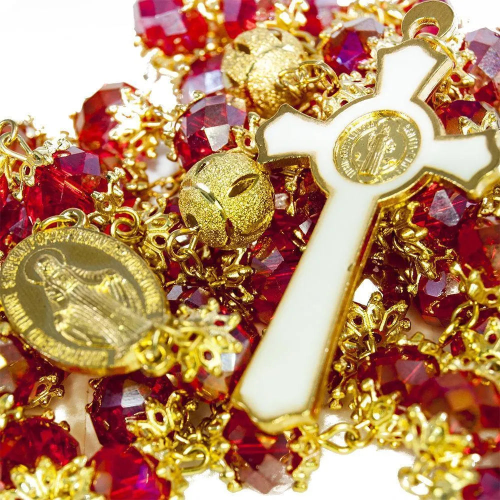 Rosary with Miraculous Medal | Beads Red Crystal Gold Plated Necklace - bluewhiteshop