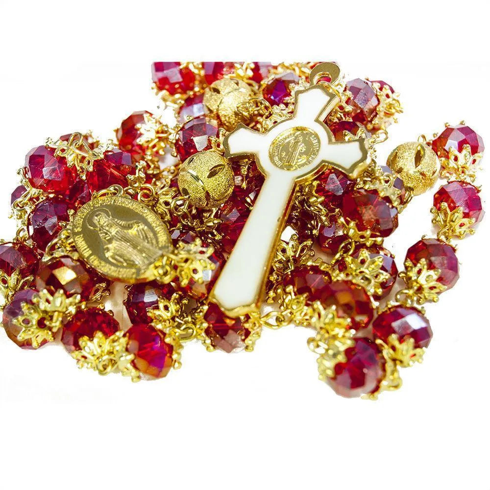 Rosary with Miraculous Medal | Beads Red Crystal Gold Plated Necklace - bluewhiteshop