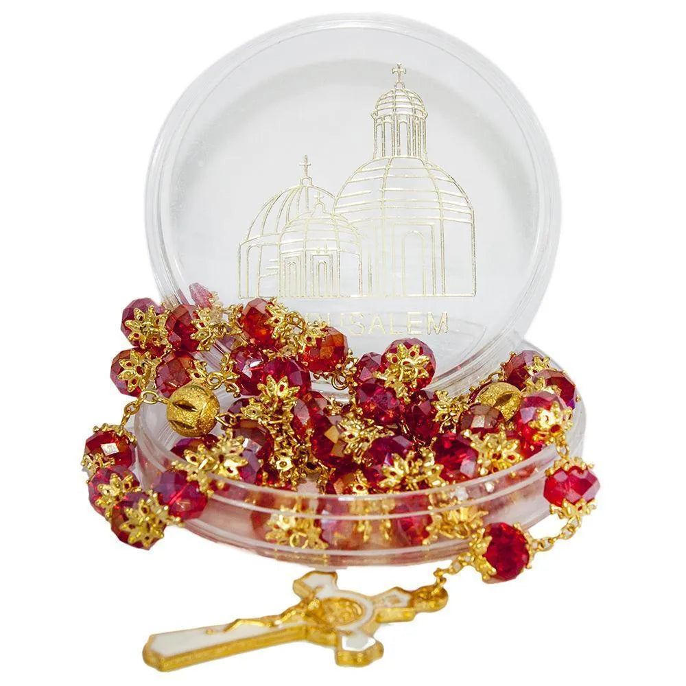 Rosary with Miraculous Medal | Beads Red Crystal Gold Plated Necklace - bluewhiteshop
