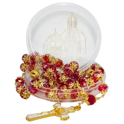 Rosary with Miraculous Medal | Beads Red Crystal Gold Plated Necklace - bluewhiteshop