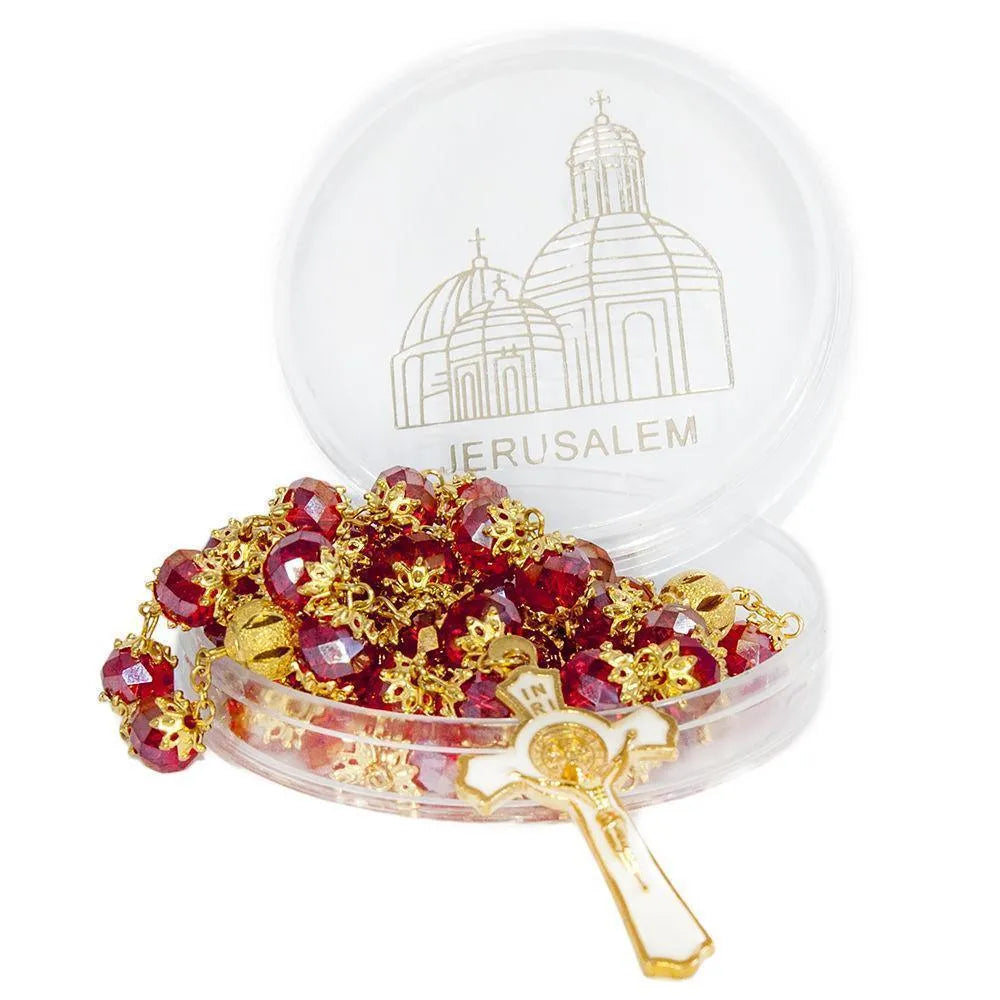 Rosary with Miraculous Medal | Beads Red Crystal Gold Plated Necklace - bluewhiteshop