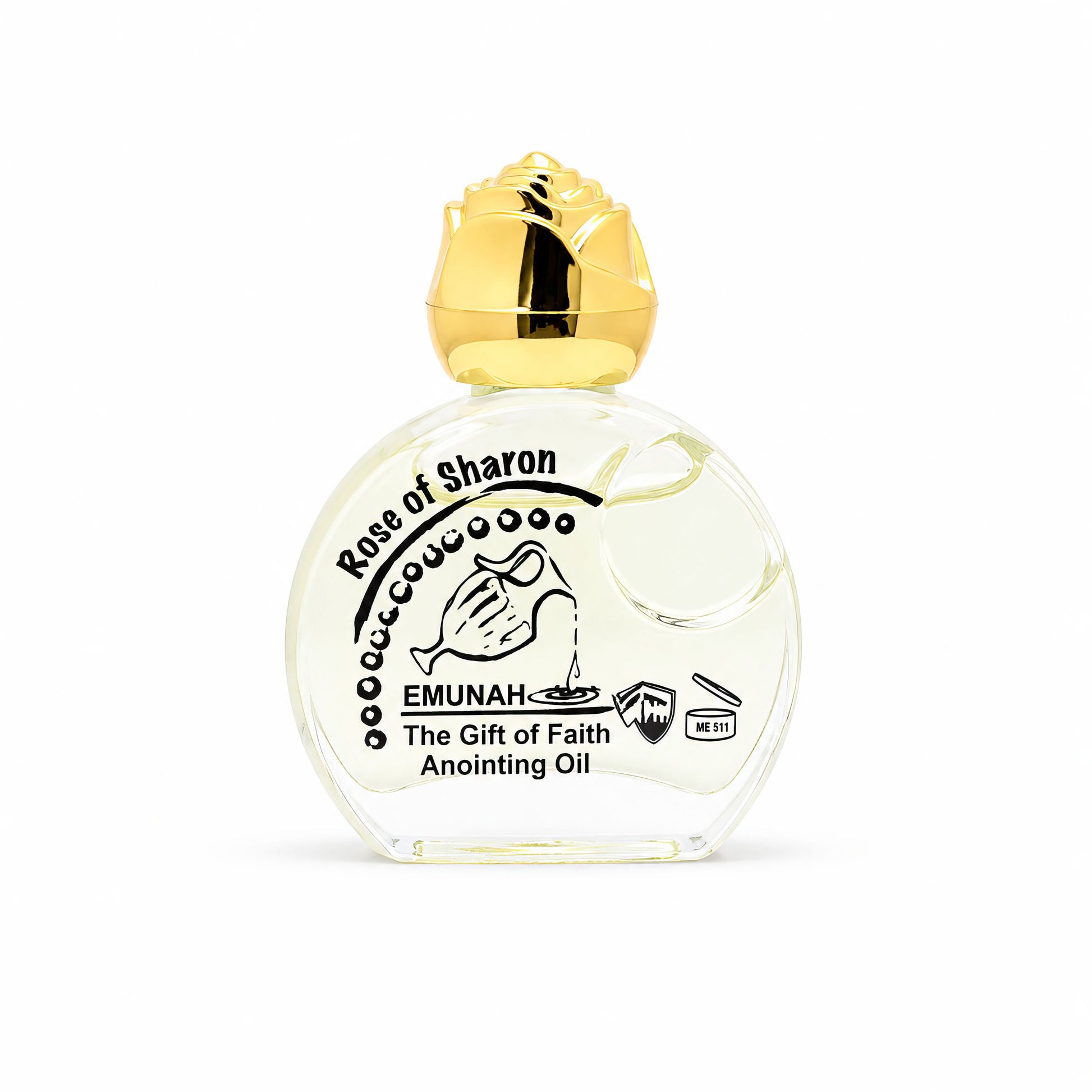 Rose of Sharon anointing oil bottle with golden rose-shaped cap