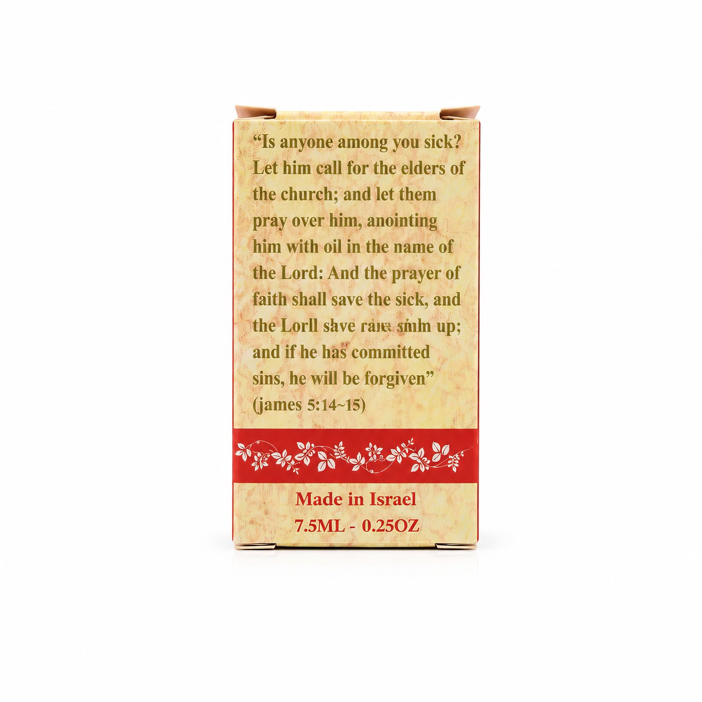 Back of Rose of Sharon anointing oil box with James 5:14–15