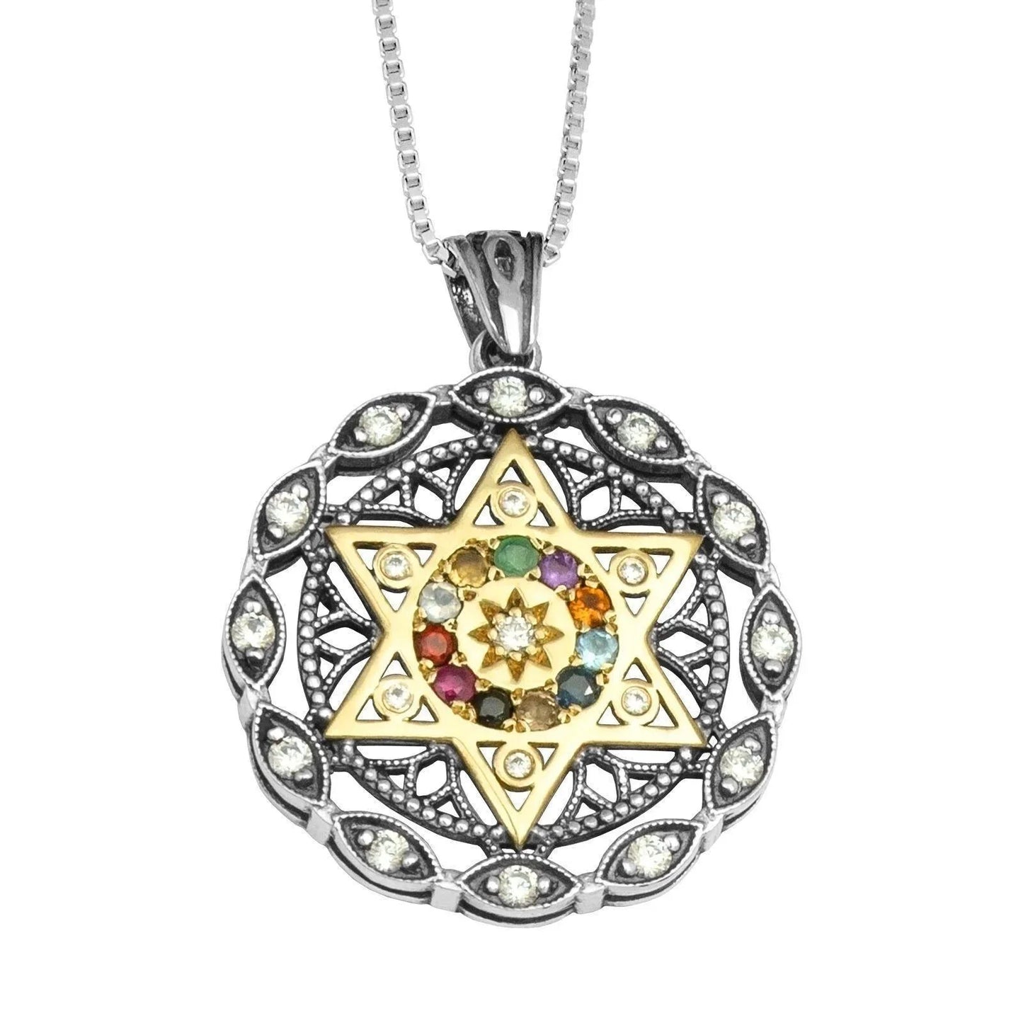 Round Kabbalah Pendant Magen David Hoshen Crystals CZ Sterling Silver & Gold 9K - bluewhiteshop