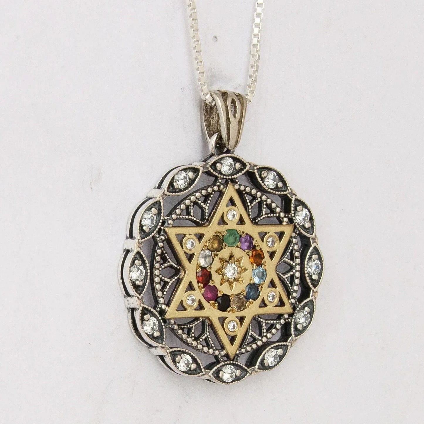 Round Kabbalah Pendant Magen David Hoshen Crystals CZ Sterling Silver & Gold 9K - bluewhiteshop