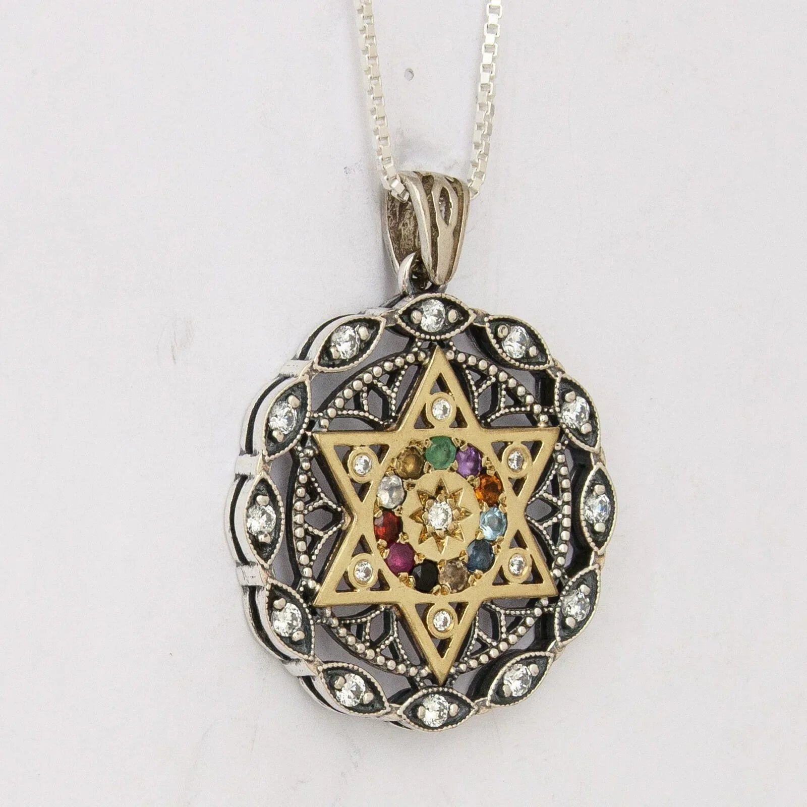 Round Kabbalah Pendant Magen David Hoshen Crystals CZ Sterling Silver & Gold 9K - bluewhiteshop