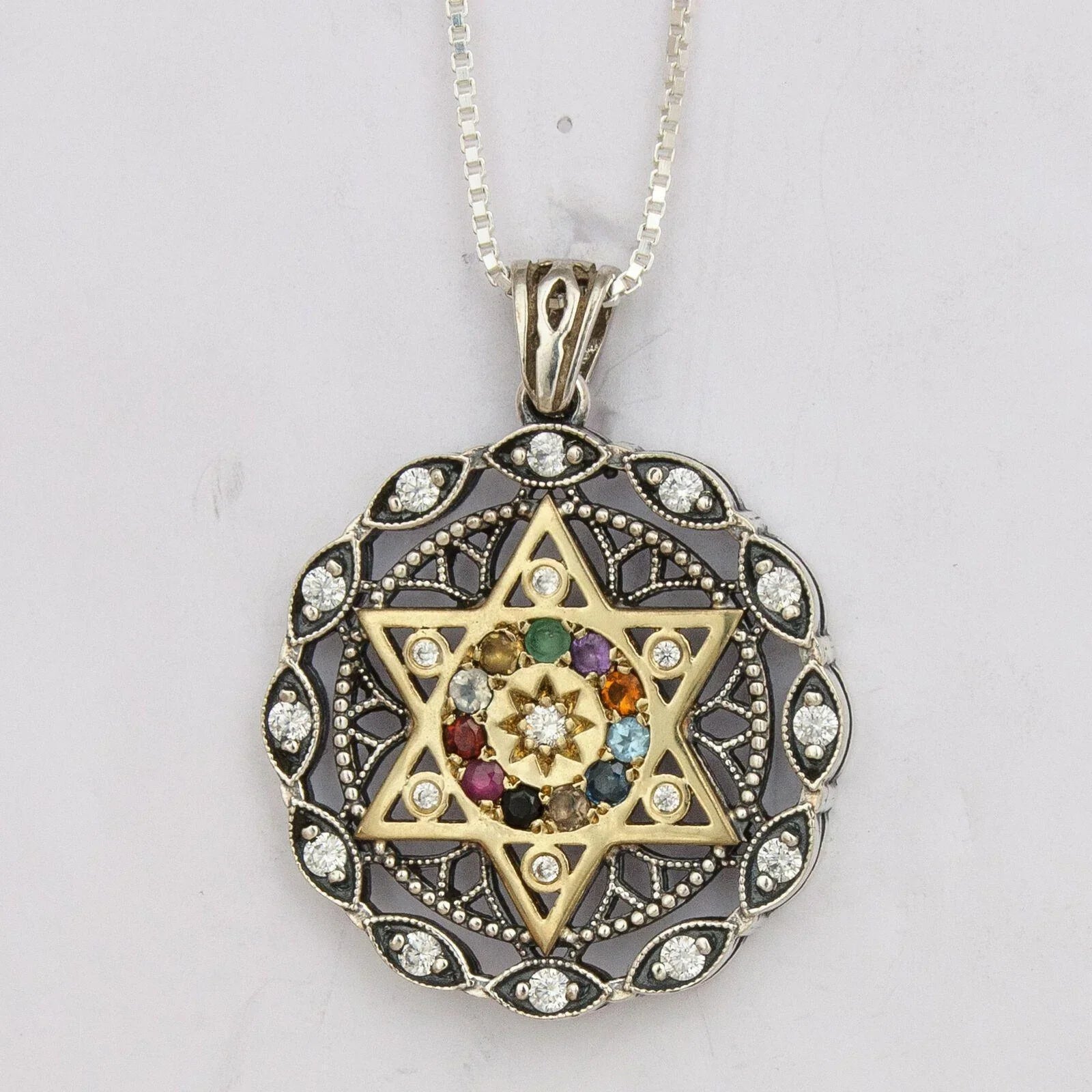 Round Kabbalah Pendant Magen David Hoshen Crystals CZ Sterling Silver & Gold 9K - bluewhiteshop