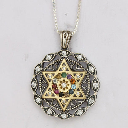 Round Kabbalah Pendant Magen David Hoshen Crystals CZ Sterling Silver & Gold 9K - bluewhiteshop