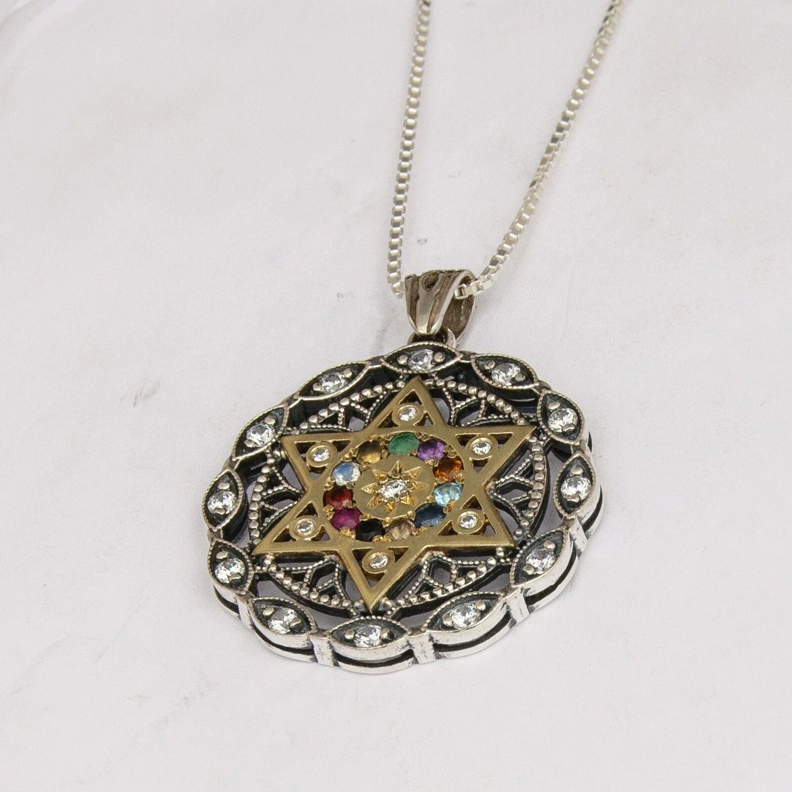 Round Kabbalah Pendant Magen David Hoshen Crystals CZ Sterling Silver & Gold 9K - bluewhiteshop