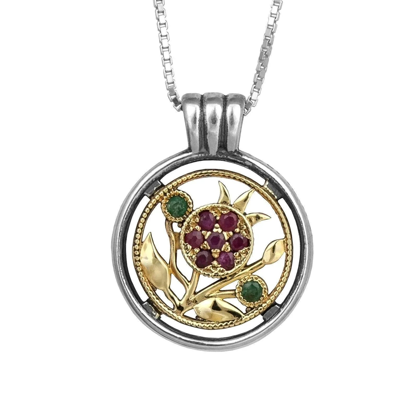 Round Kabbalah Pendant Pomegranate Crystal CZ Sterling Silver & Gold 9K - bluewhiteshop