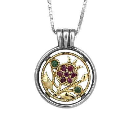 Round Kabbalah Pendant Pomegranate Crystal CZ Sterling Silver & Gold 9K - bluewhiteshop