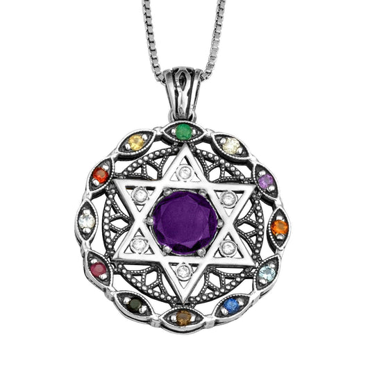 Round Kabbalah Pendant Star of David and Labradorite Hoshen Crystals 925 CZ Sterling Silver - bluewhiteshop
