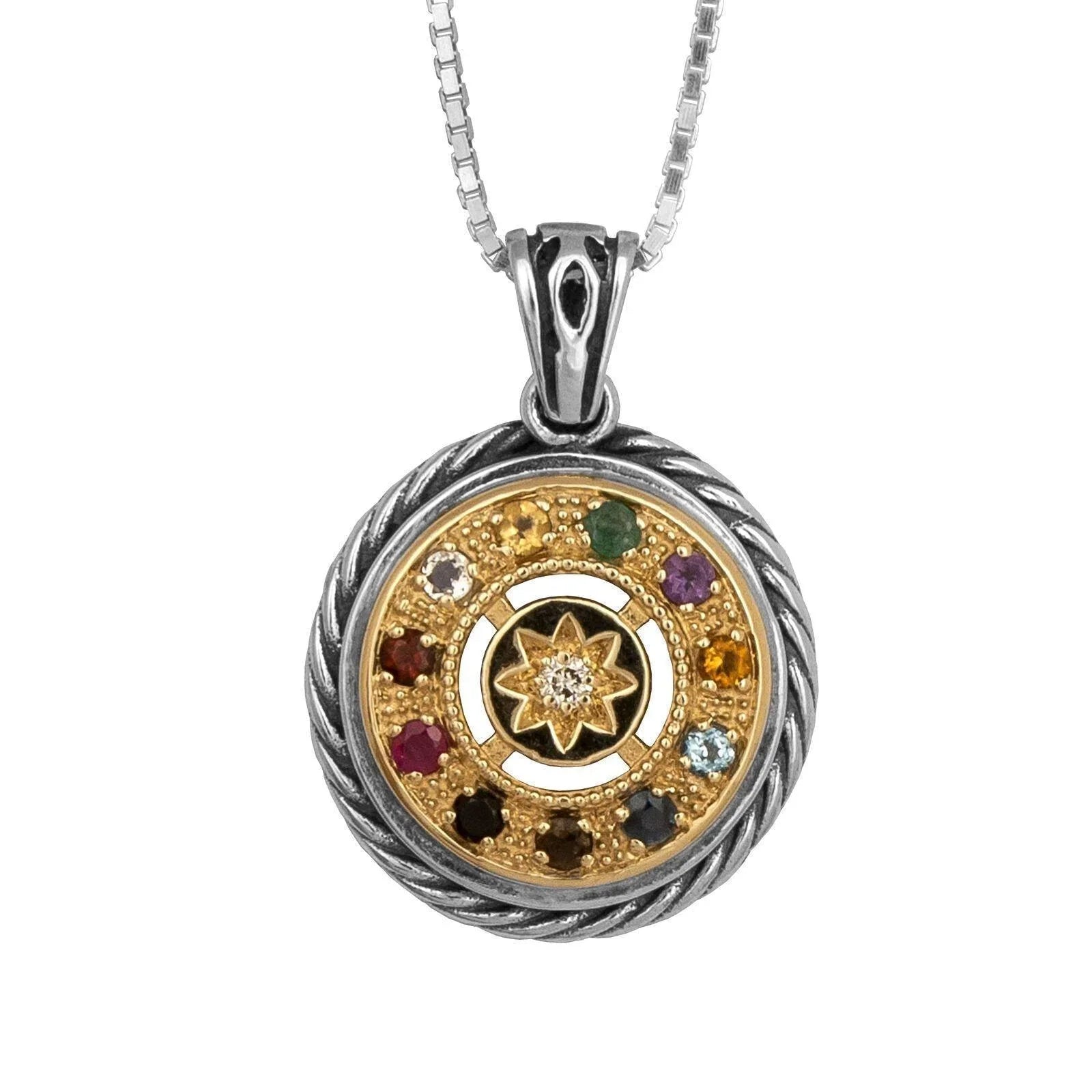 Round Kabbalah Pendant with Breastplate Stones Hoshen Silver 925 Gold 9K - bluewhiteshop