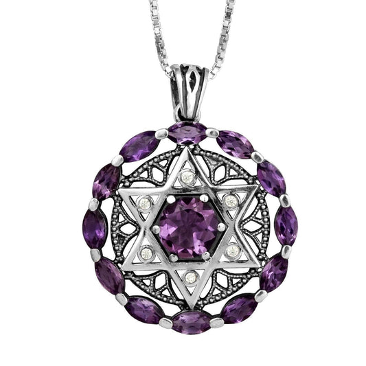 Round Kabbalah Talisman Magen David with Amethyst Gemstones w/Crystals CZ Sterling Silver - bluewhiteshop