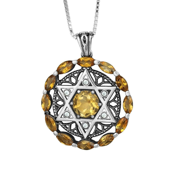 Round Kabbalah Talisman Star of David with Gemstones w/Crystals CZ Sterling Silver - bluewhiteshop