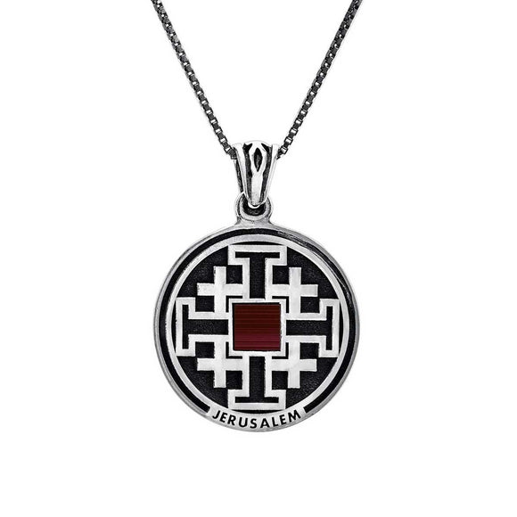 Round Pectoral Jerusalem Cross with Nano Bible New Testament Pendant Necklace Silver 925 - bluewhiteshop