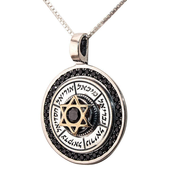Round Pendant with Magen David and Angels Names Silver 925 Gold 9K with Black Onyx Stones - bluewhiteshop
