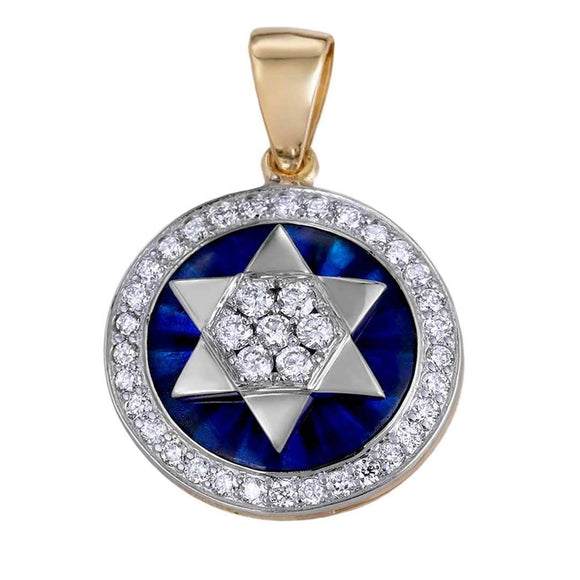 Round Star of David pendant Gold 14K Diamonds with Blue Enamel - bluewhiteshop