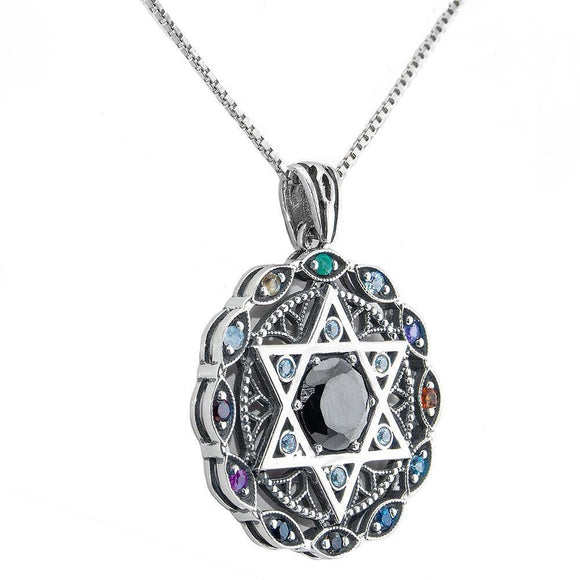 Rounded Kabbalah Pendant with Hoshen stones Silver 925 Magen David and Black Onyx - bluewhiteshop