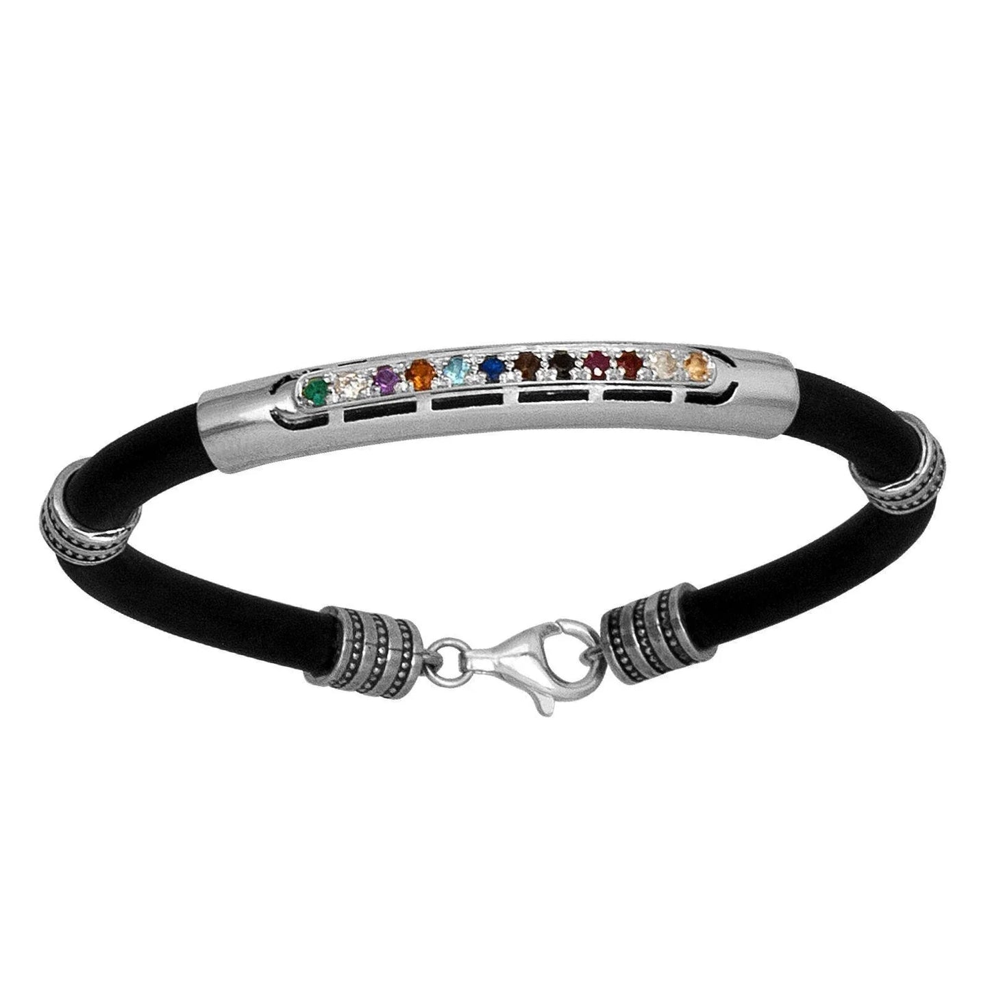 Rubber Kabbalah Mens bracelet 12 Hoshen stones silver elements - bluewhiteshop