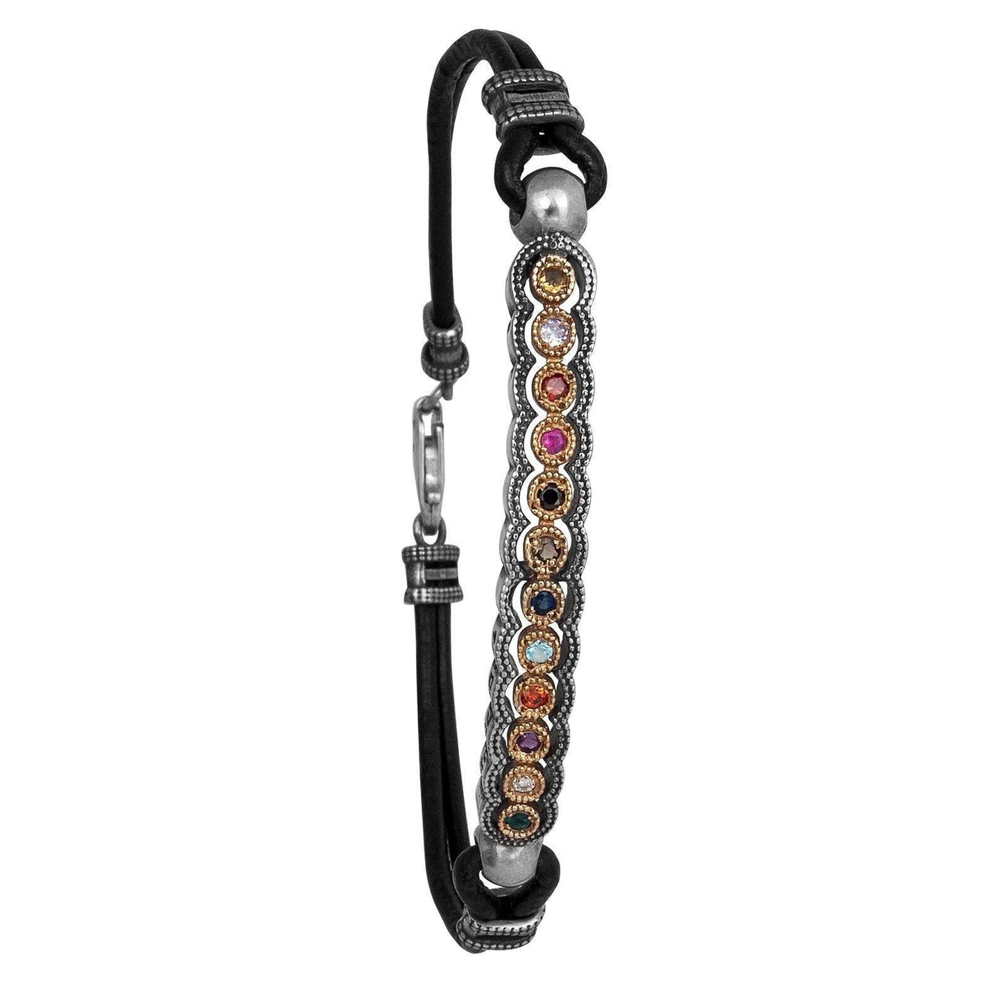 Rubber Kabbalah Mens bracelet 12 Hoshen stones Sterling Silver - bluewhiteshop