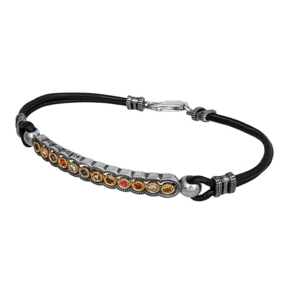 Rubber Kabbalah Mens bracelet 12 Hoshen stones Sterling Silver - bluewhiteshop