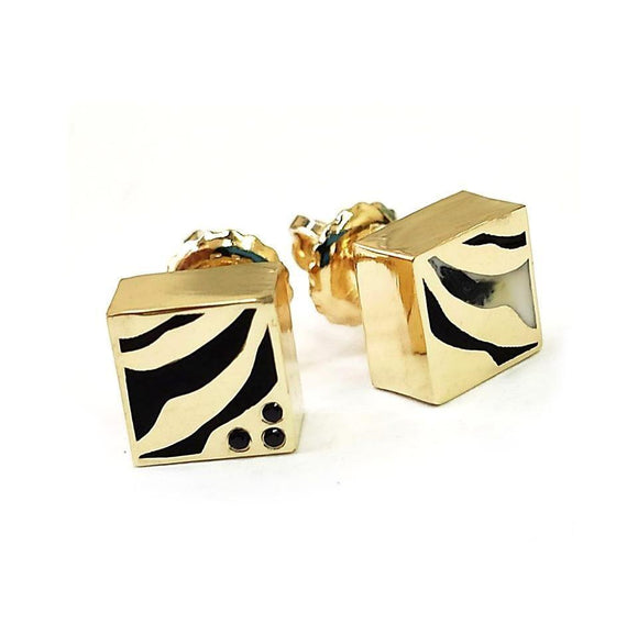 Safari Earrings Gold 14KW Hot Enamel Modern Fashion Design Black Diamonds Gift - bluewhiteshop