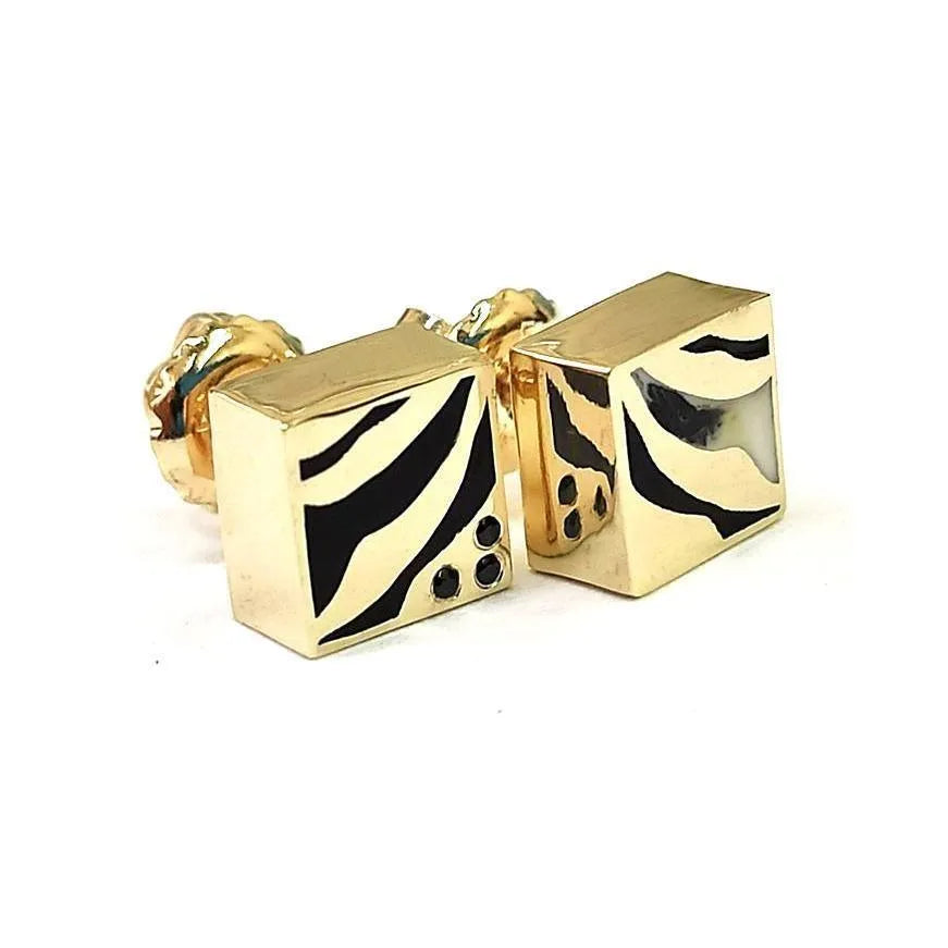 Safari Earrings Gold 14KW Hot Enamel Modern Fashion Design Black Diamonds Gift - bluewhiteshop