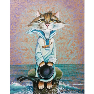 Sailor Cat Acrylic painting on Rice Paper 40x50cm by Ishchenko - bluewhiteshop