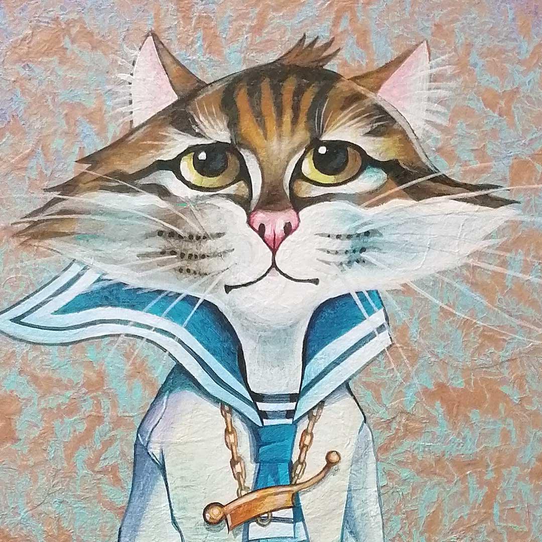 Sailor Cat Acrylic painting on Rice Paper 40x50cm by Ishchenko - bluewhiteshop