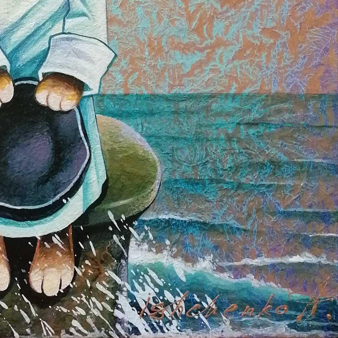 Sailor Cat Acrylic painting on Rice Paper 40x50cm by Ishchenko - bluewhiteshop