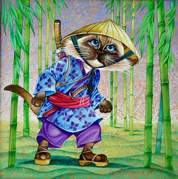 Samurai Cat Acrylic painting on Rice Paper 50x50cm Artwork by Ishchenko - bluewhiteshop