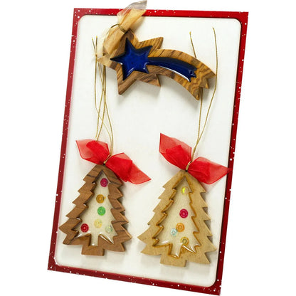 Set Handcrafted Olive Wood Christmas Ornaments (3 piece) - bluewhiteshop