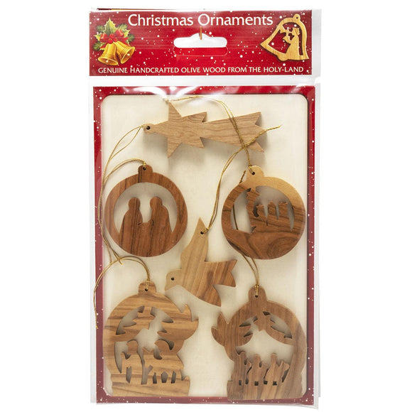 Set Handcrafted Olive Wood Christmas Ornaments (6 piece) - bluewhiteshop