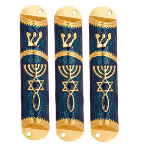 Set of 3 Metal Door Mezuzah Case with Messianic Symbol Gold Blue 4.1 inch - bluewhiteshop