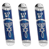 Set of 3 Metal Door Mezuzah Case with Messianic Symbol Silver Blue 4.1 inch - bluewhiteshop