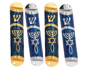 Set of 4 Metal Door Mezuzah Case with Messianic Symbol Gold Silver Blue 4.1 inch - bluewhiteshop